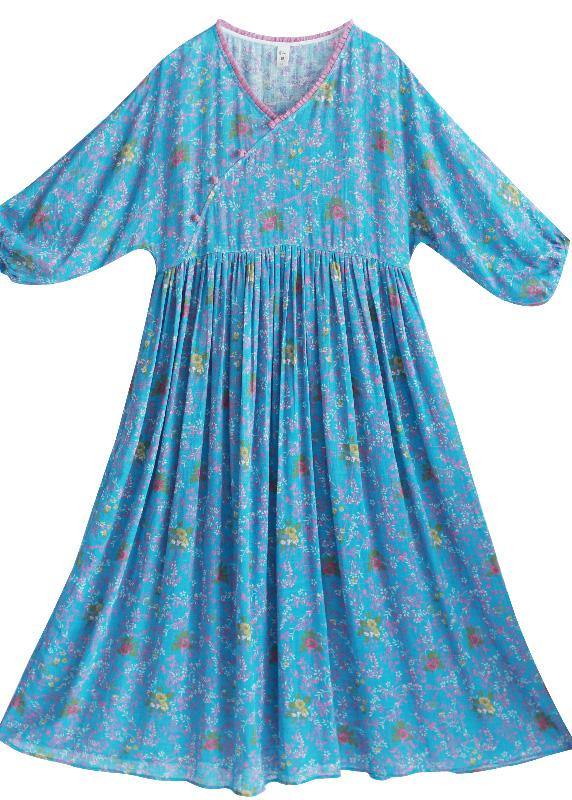 V Neck Cinched Spring Clothes Runway Blue Print Robes Dress