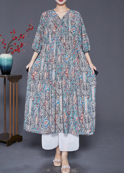 V Neck Drawstring Print Vacation Dress Lantern Sleeve