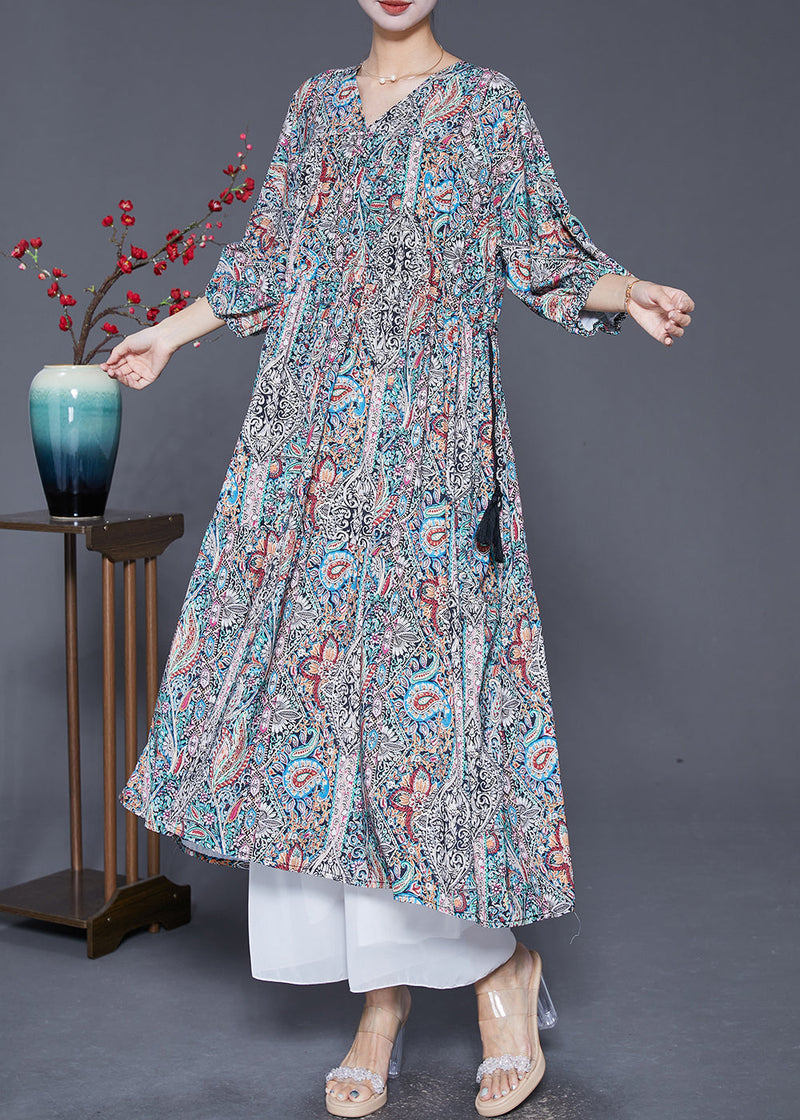 V Neck Drawstring Print Vacation Dress Lantern Sleeve