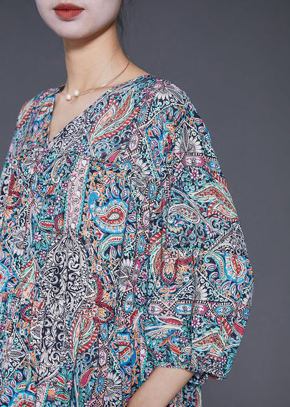 V Neck Drawstring Print Vacation Dress Lantern Sleeve