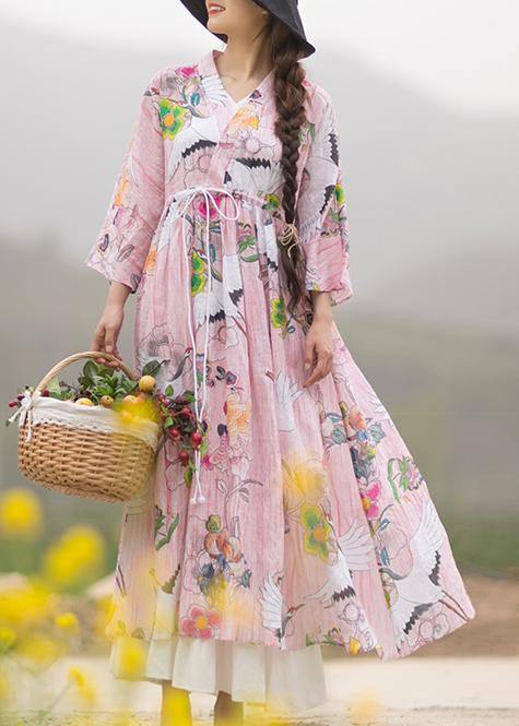 V Neck Drawstring Wardrobes Pattern Crowned Crane Long Dresses