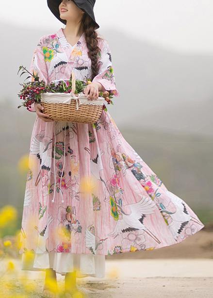 V Neck Drawstring Wardrobes Pattern Crowned Crane Long Dresses