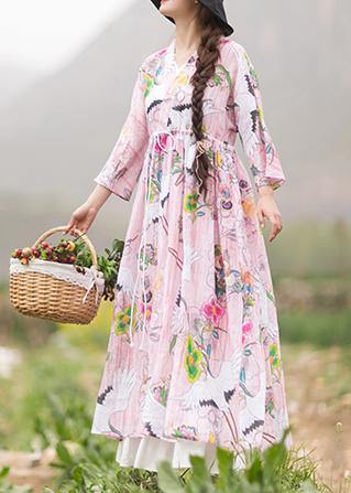 V Neck Drawstring Wardrobes Pattern Crowned Crane Long Dresses