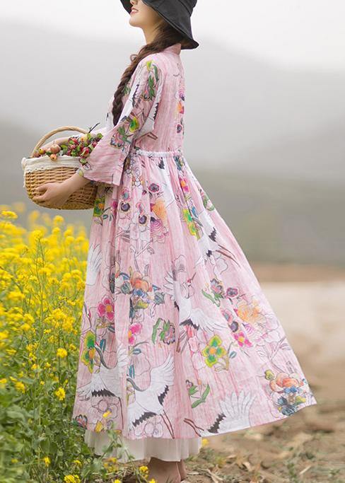 V Neck Drawstring Wardrobes Pattern Crowned Crane Long Dresses