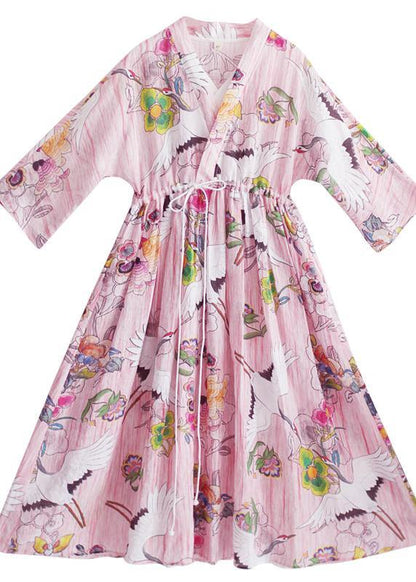V Neck Drawstring Wardrobes Pattern Crowned Crane Long Dresses