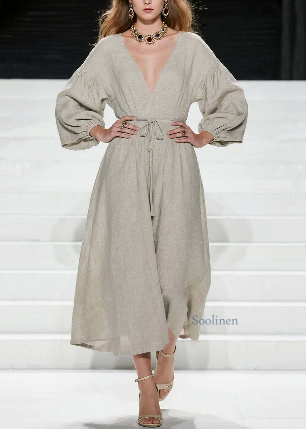 V Neck Lace Up Patchwork Cotton Long Dress Spring