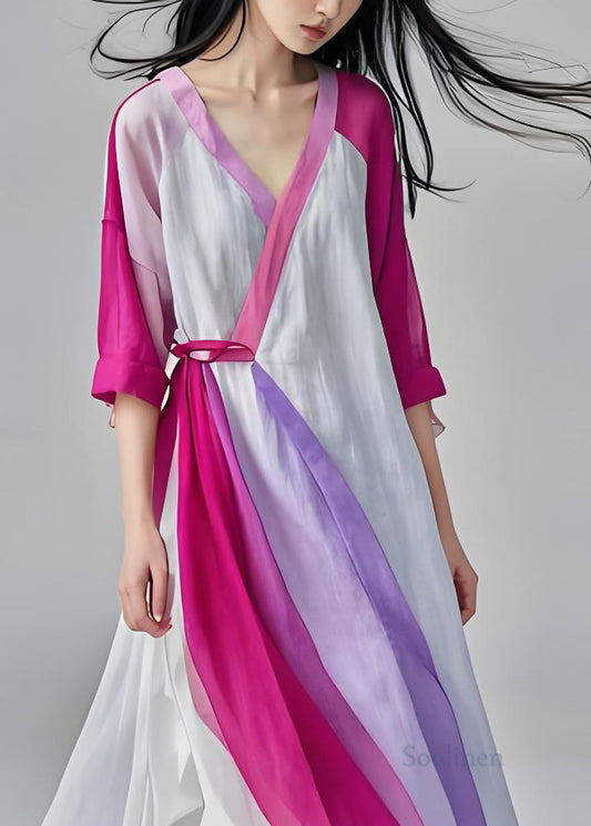 V Neck Lace Up Patchwork Cotton Long Dresses Summer