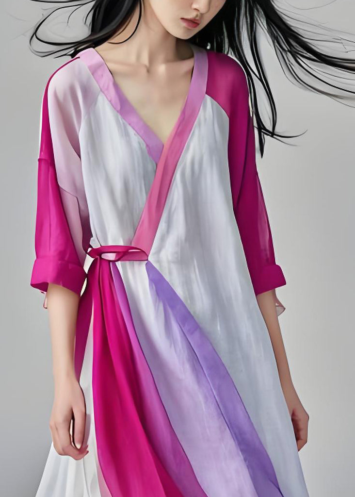 V Neck Lace Up Patchwork Cotton Long Dresses Summer
