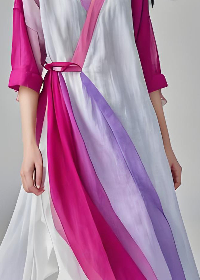 V Neck Lace Up Patchwork Cotton Long Dresses Summer