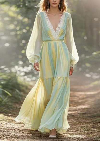 V Neck Lace Wrinkled Patchwork Chiffon Dresses Spring