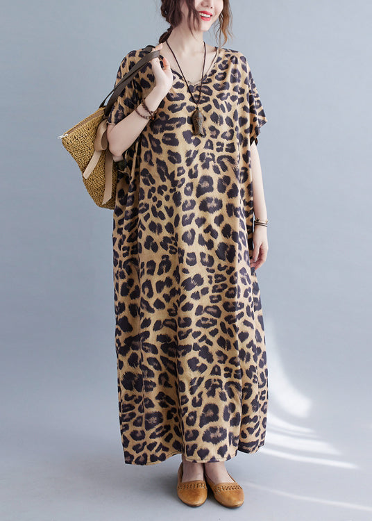 V Neck Leopard Print Silk Long Dresses Summer