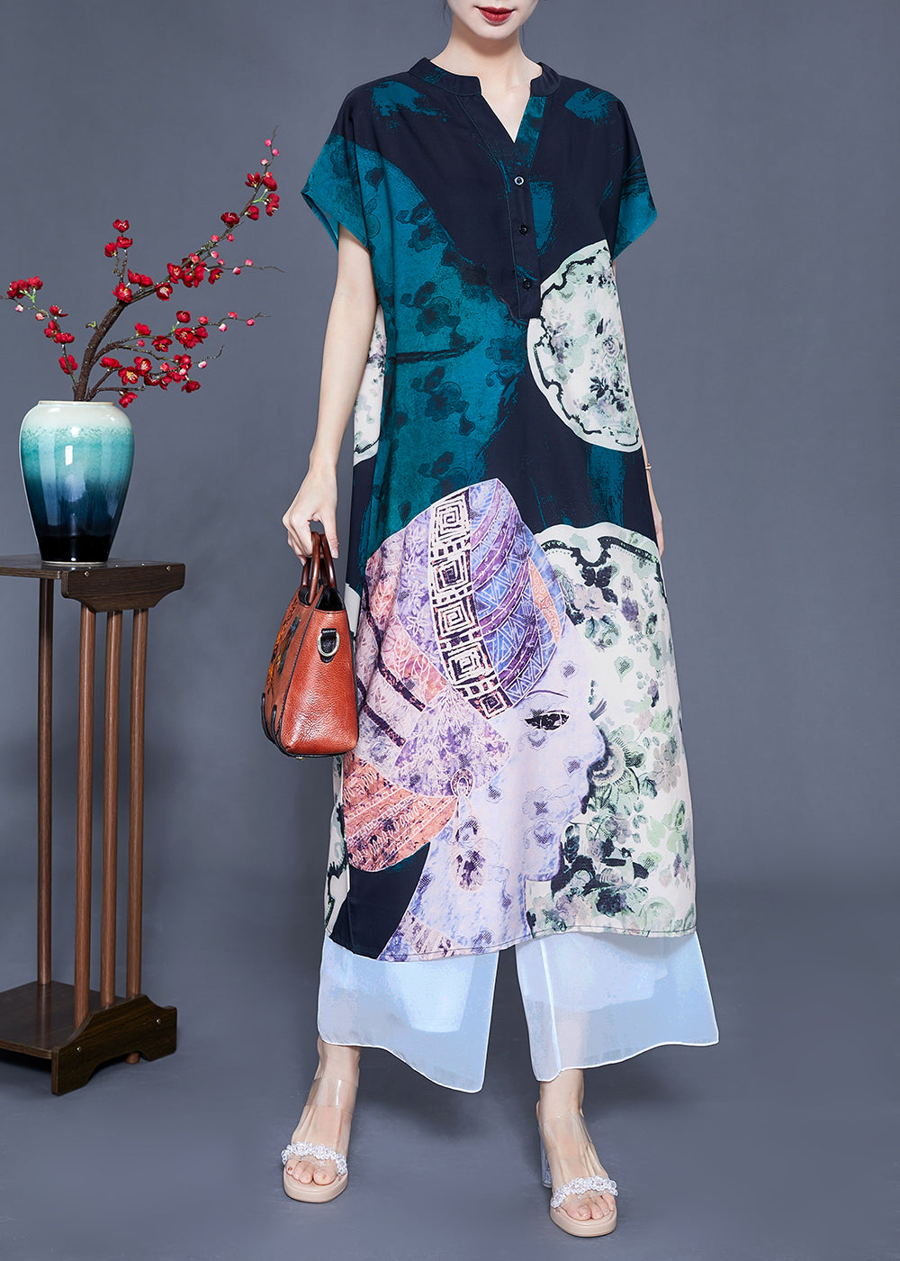V Neck Original Design Print Silk Long Dress Summer