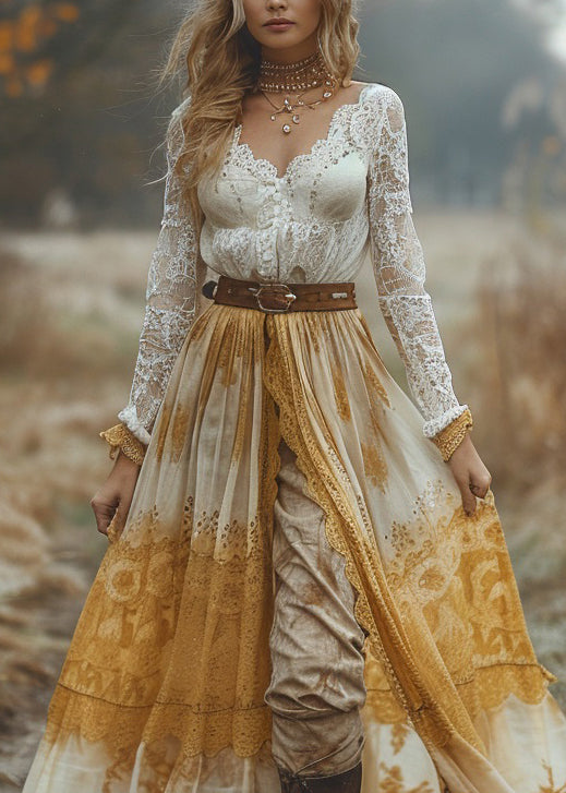 V Neck Patchwork Pastoral Style Lace Long Dresses