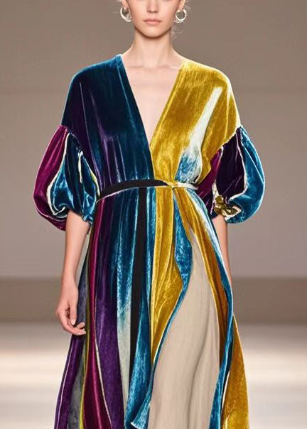 V Neck Patchwork Silk Velvet Vacation Dress Short Sleeve