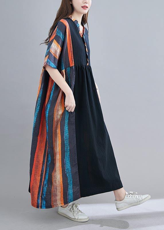 V Neck Patchwork Summer Dress Outfits Multicolor Striped Maxi Dress