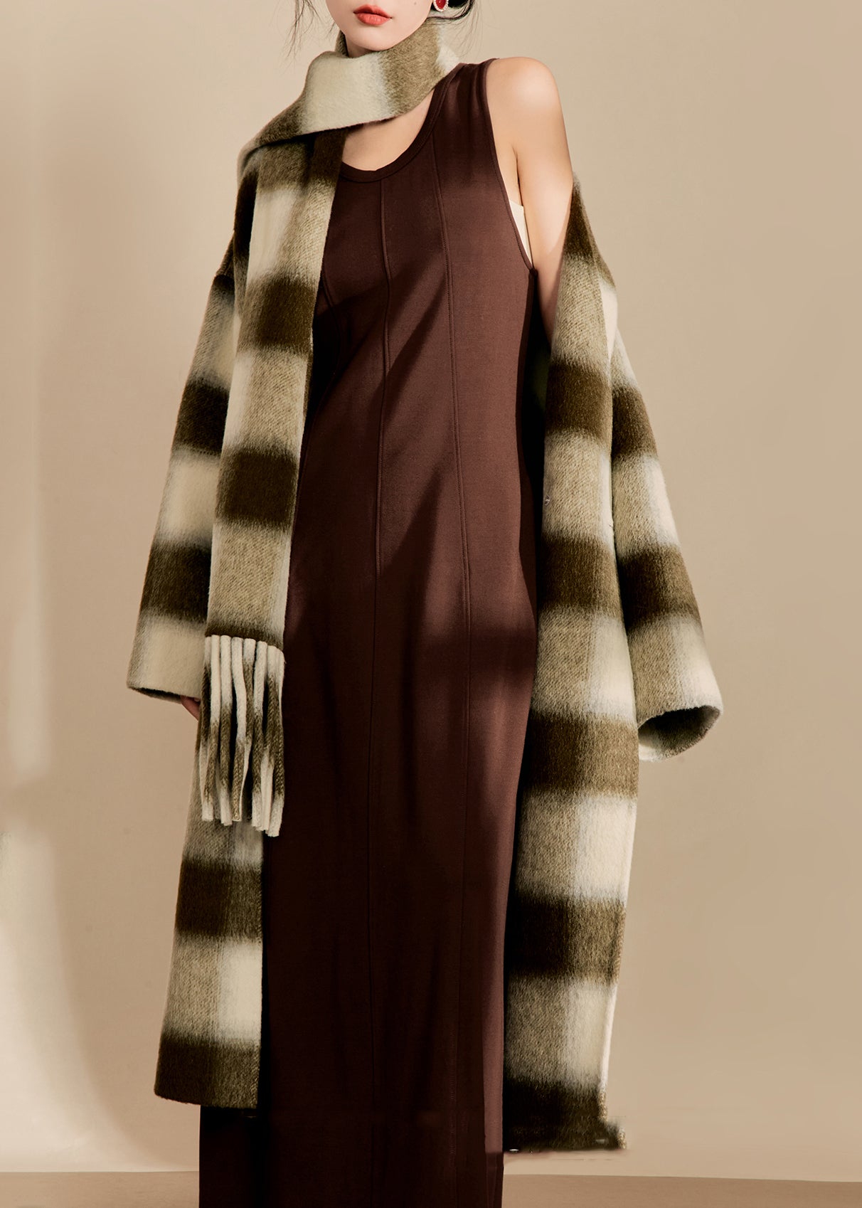 V Neck Pockets Plaid Woolen Maxi Coats Spring