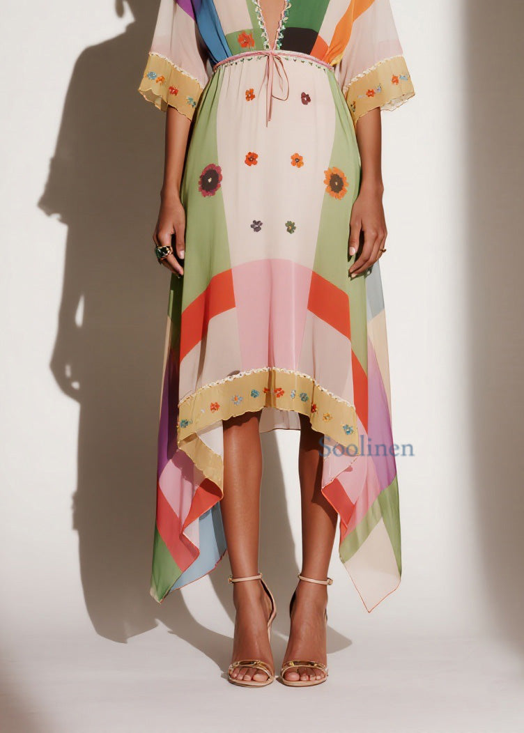 V Neck Print Asymmetrical Chiffon Long Dresses Summer