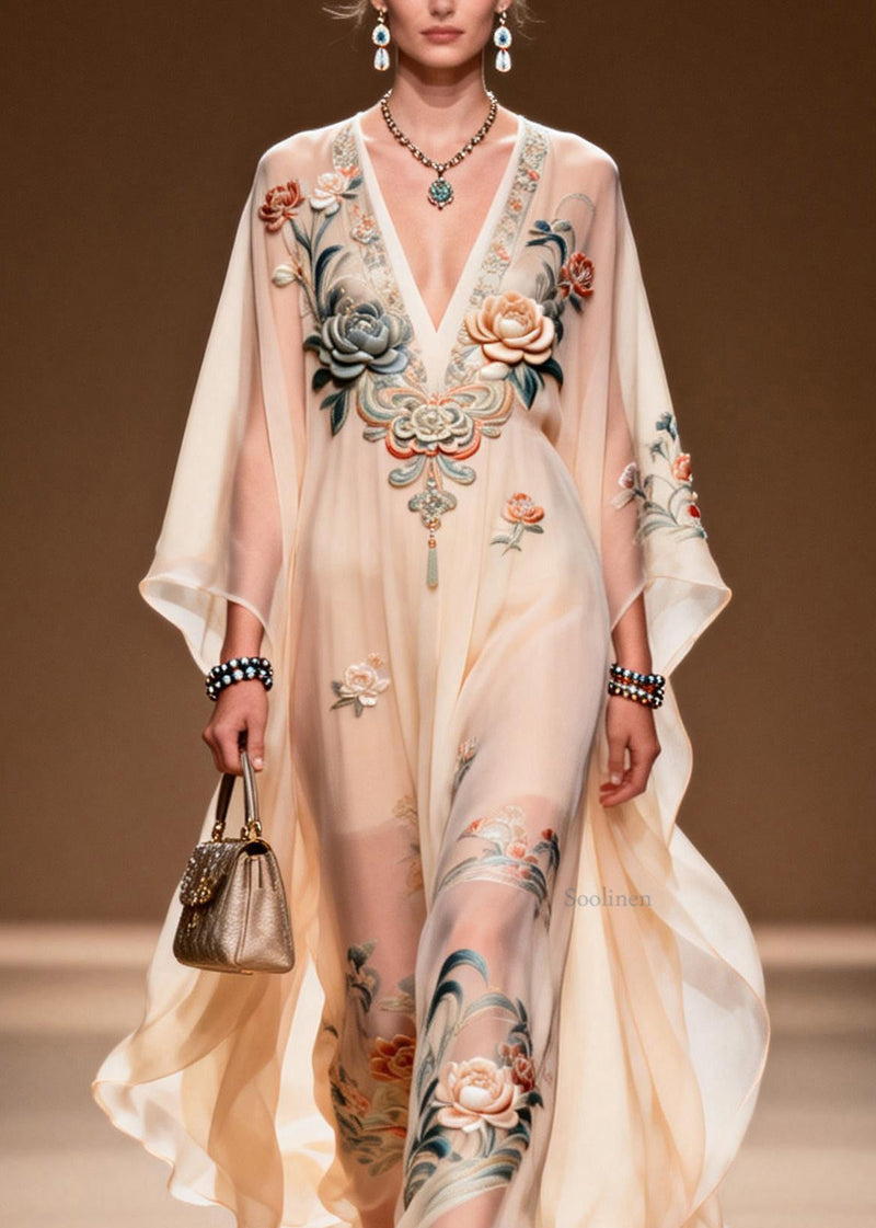 V Neck Print Chiffon Long Dress Spring