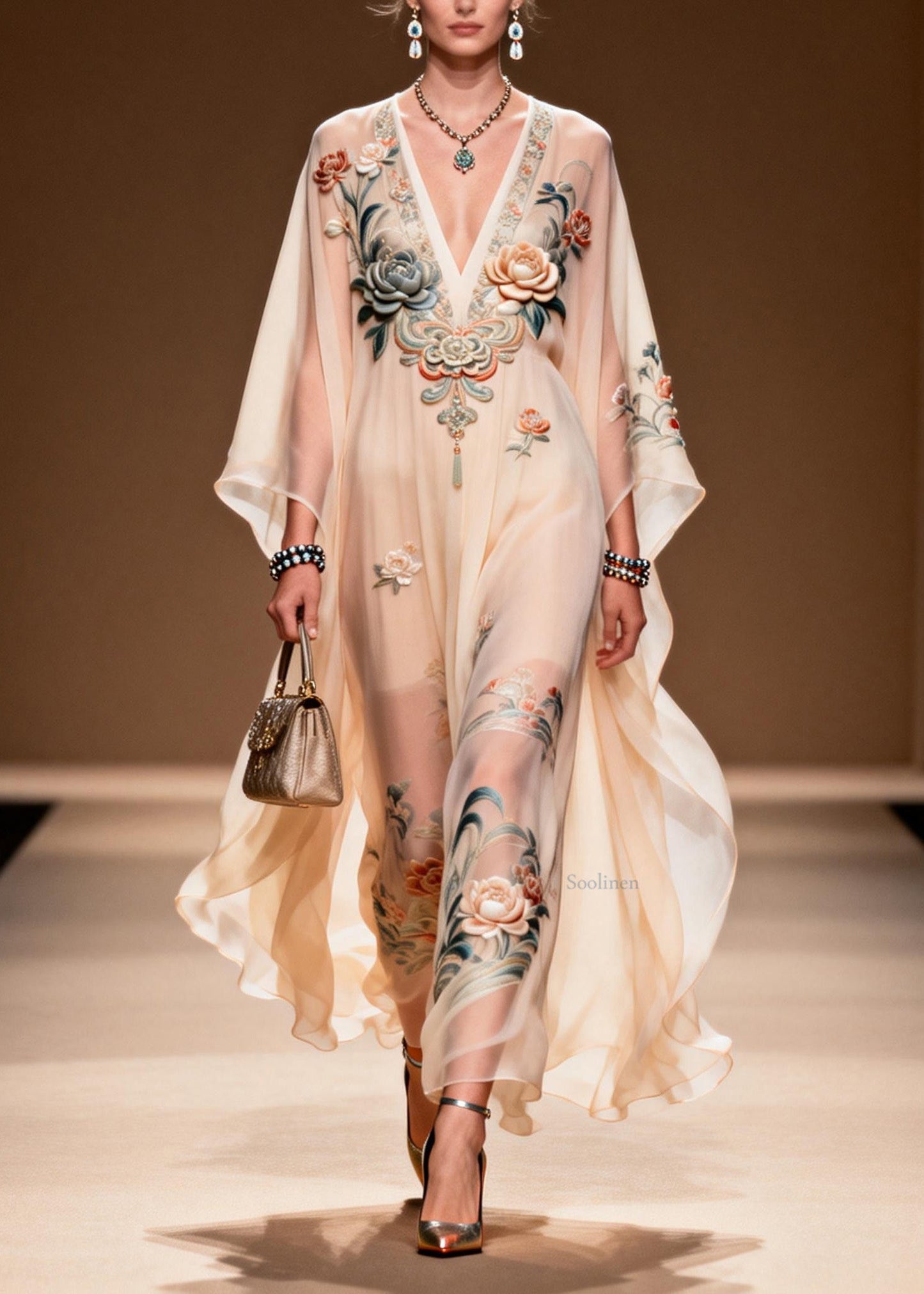 V Neck Print Chiffon Long Dress Spring