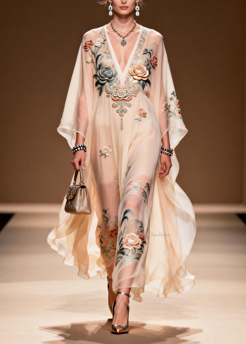 V Neck Print Chiffon Long Dress Spring