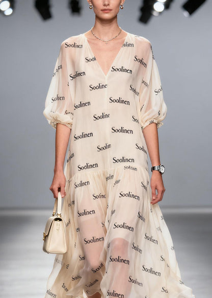V Neck Print Chiffon Long Dress Summer