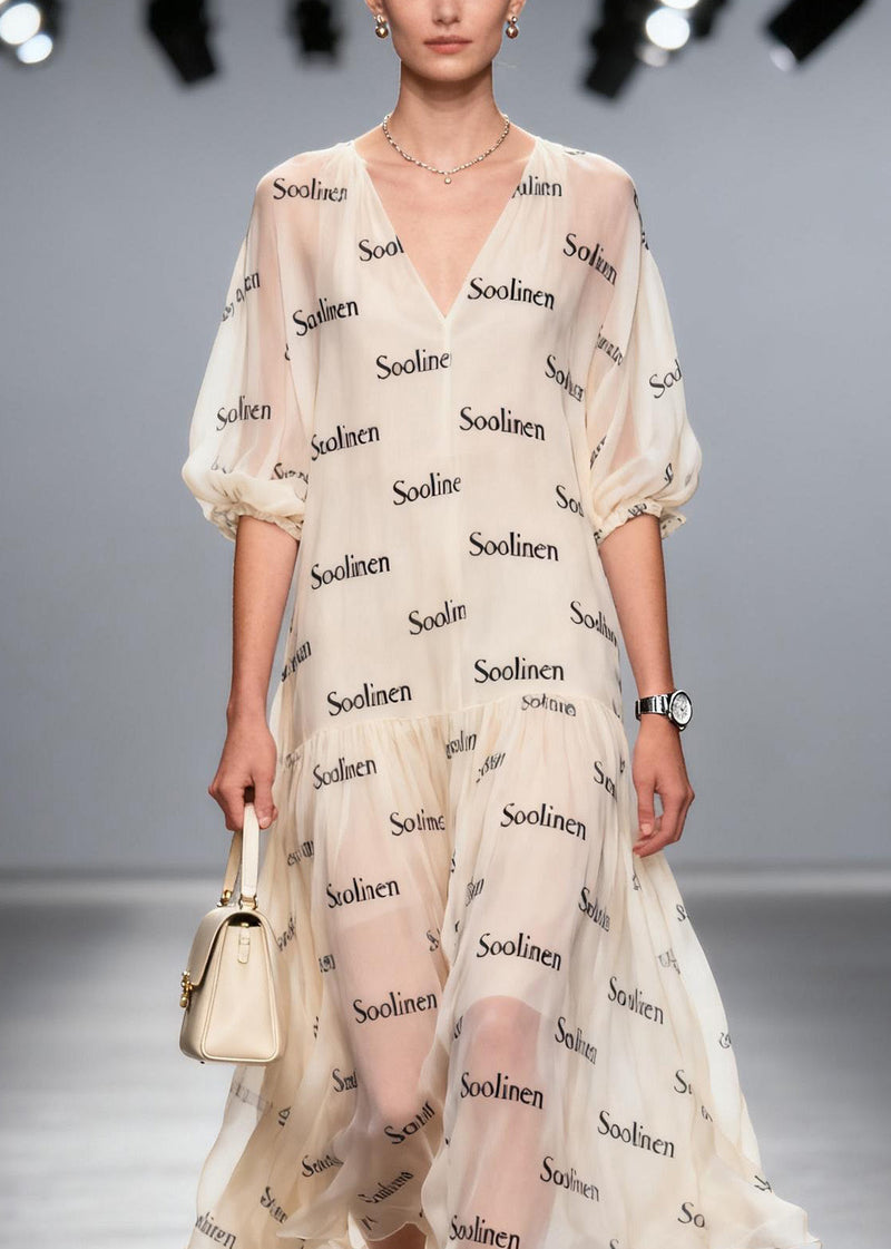 V Neck Print Chiffon Long Dress Summer