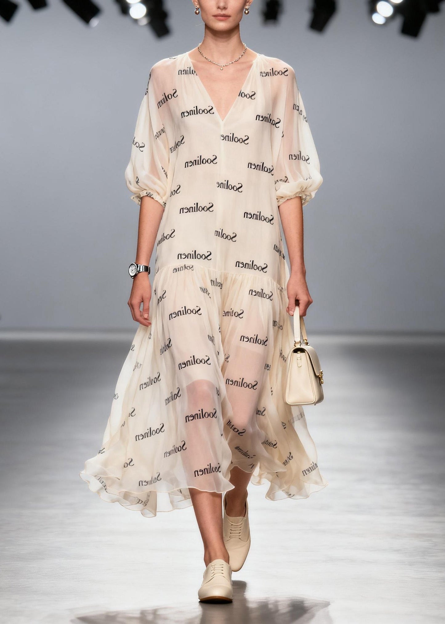 V Neck Print Chiffon Long Dress Summer
