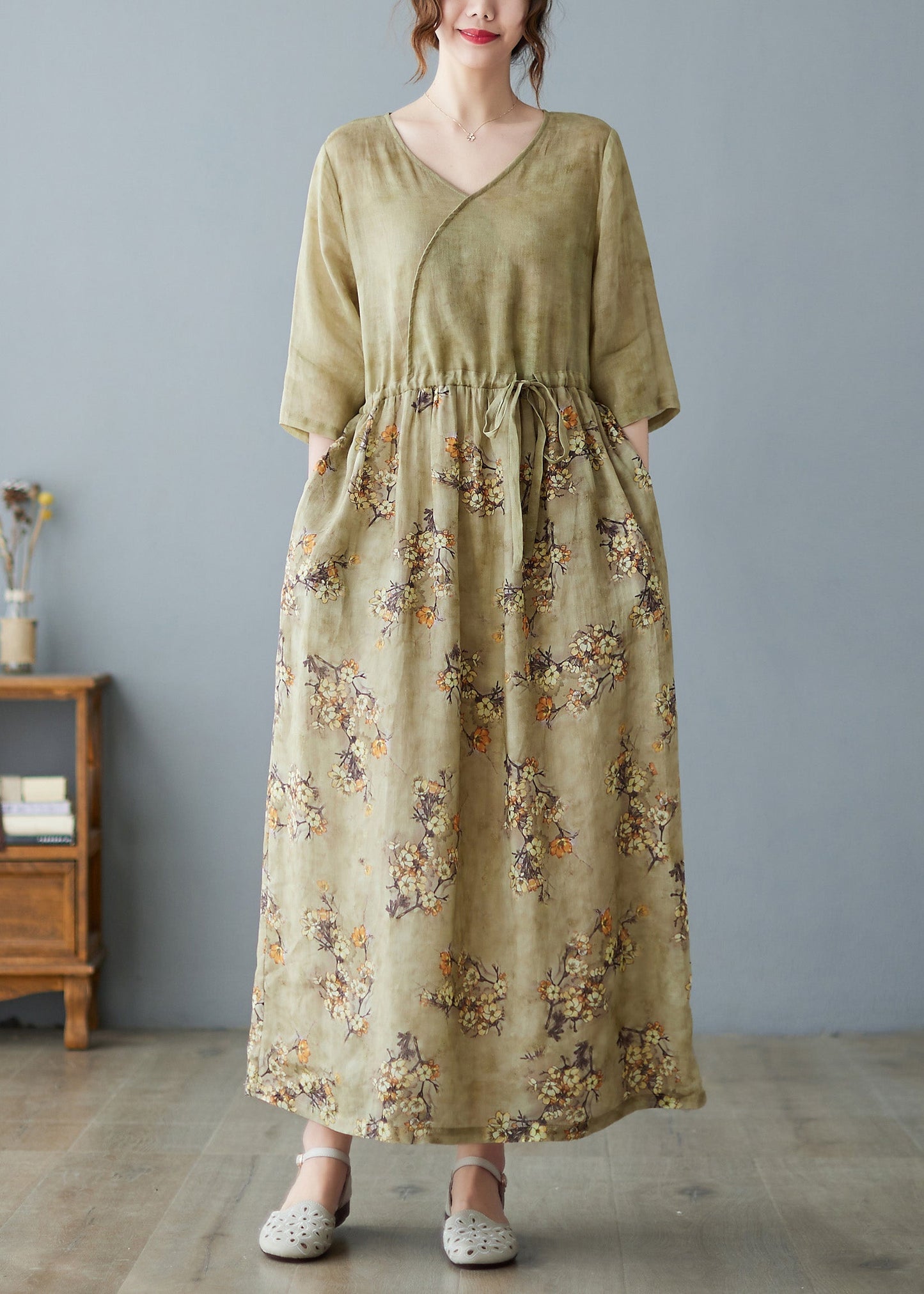 V Neck Print Drawstring Linen Maxi Dress Half Sleeve