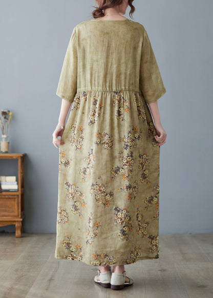 V Neck Print Drawstring Linen Maxi Dress Half Sleeve