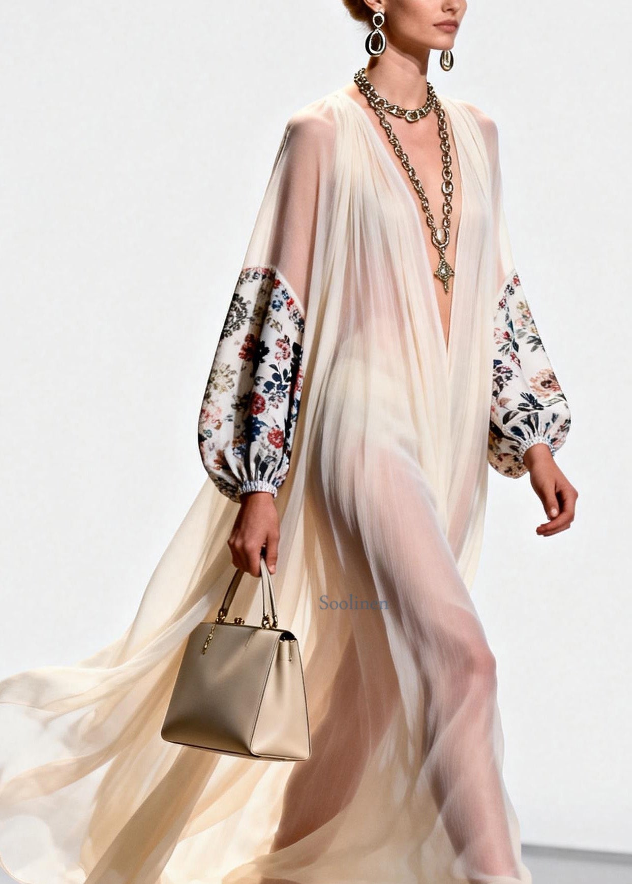 V Neck Print Patchwork Chiffon Dress Spring