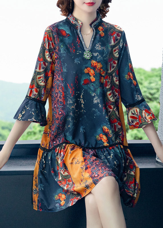 V Neck Print Patchwork Chiffon Mid Dresses Summer