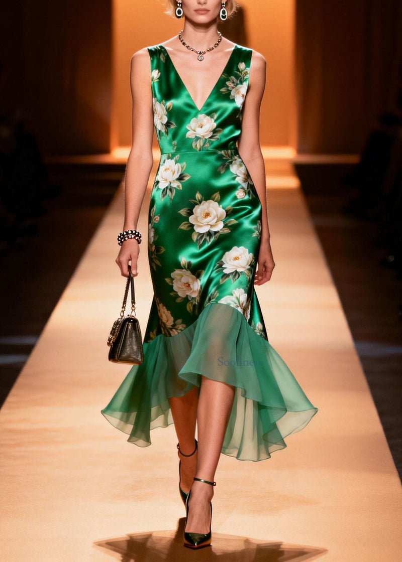 V Neck Print Patchwork Silk Dress Sleeveless