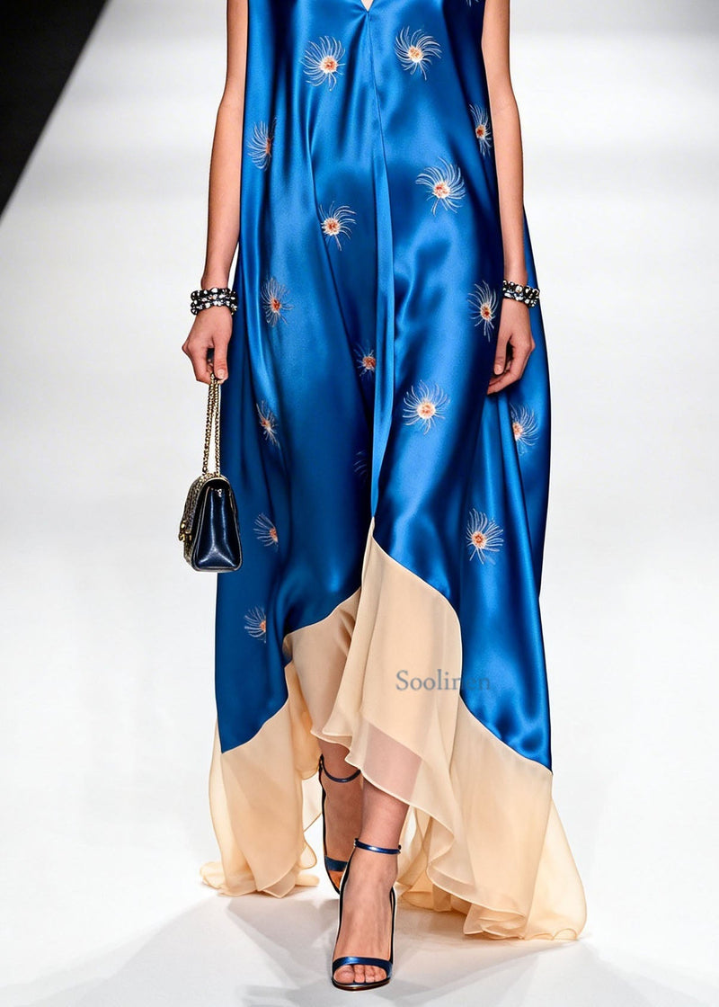 V Neck Print Patchwork Silk Long Dresses Summer