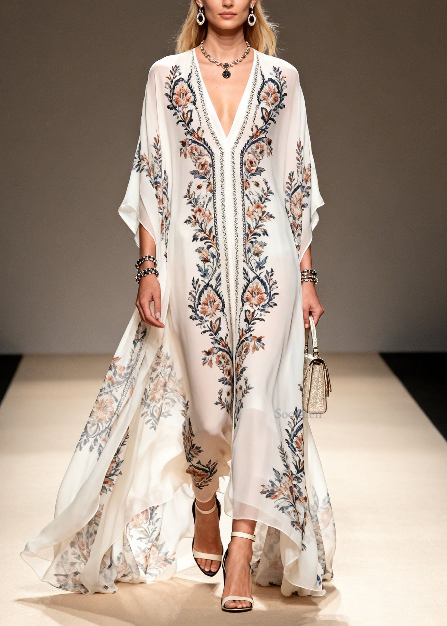 V Neck Print Chiffon Dress Summer