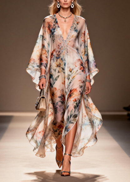 V Neck Print Side Open Chiffon Dress Spring