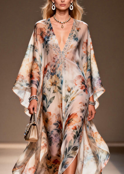 V Neck Print Side Open Chiffon Dress Spring