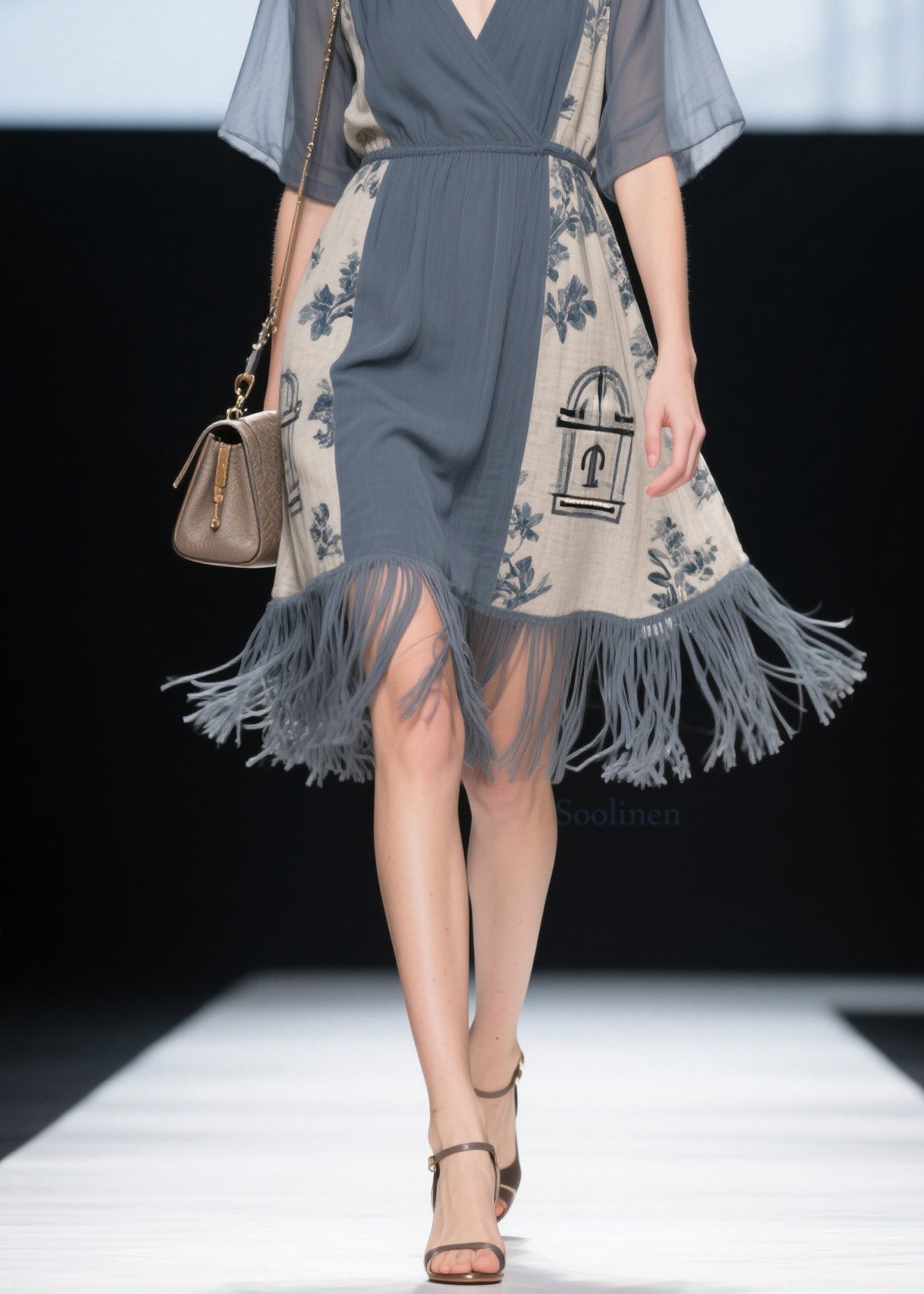 V Neck Print Tassel Patchwork Cotton Dress Summer