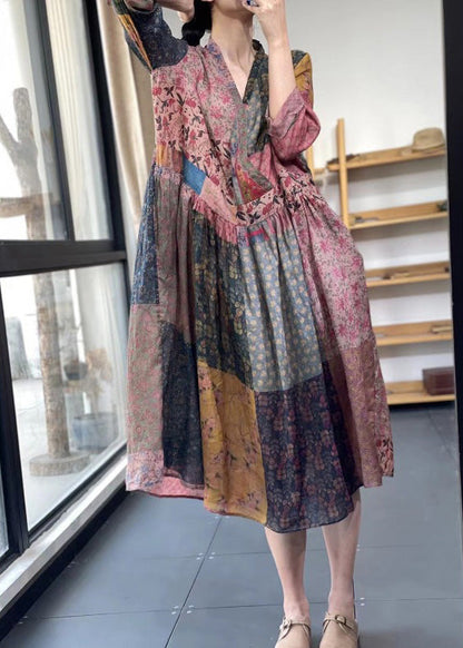 V Neck Print Wrinkled Maxi Dress Summer
