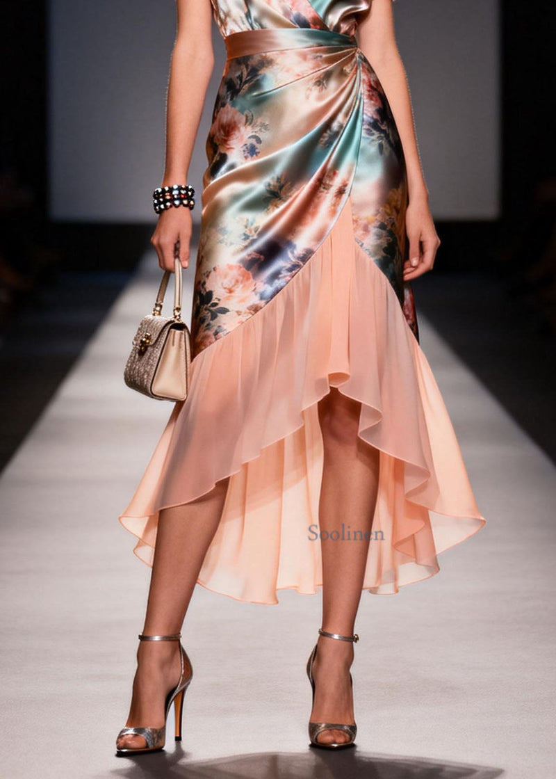 V Neck Ruffled Print Patchwork Silk Dresses Summer