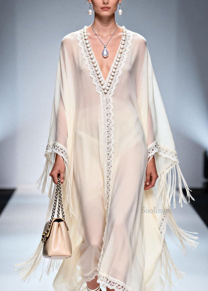 V Neck Tassel Nail Bead Patchwork Chiffon Dress Summer