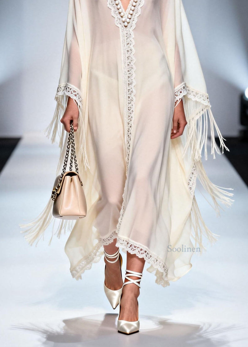 V Neck Tassel Nail Bead Patchwork Chiffon Dress Summer