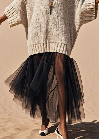 V Neck Tulle Patchwork Knit Sweater Dress Spring