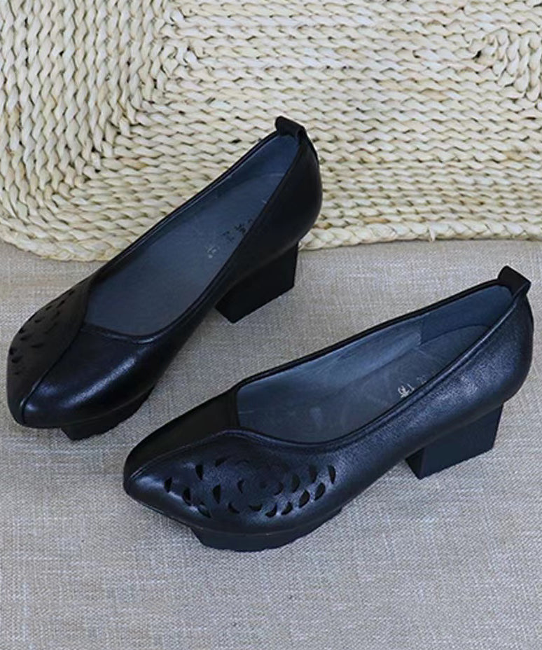 Chunky Heel Black Cowhide Leather Hollow Out