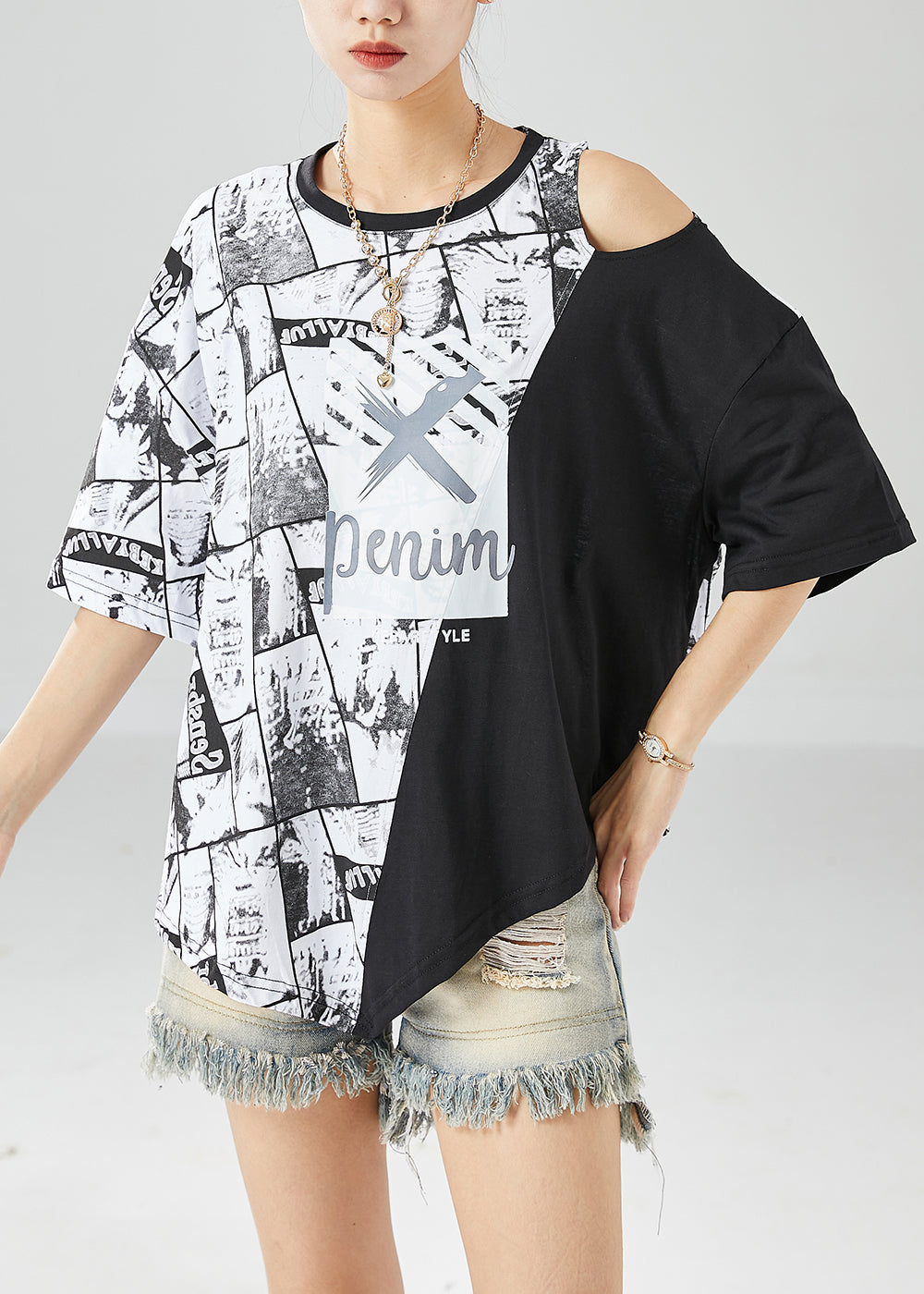 White Asymmetrical Design Cold Shoulder Cotton Tops Summer