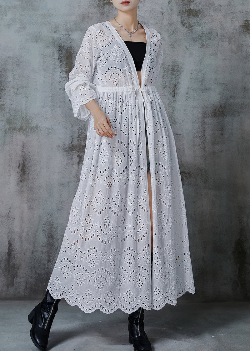 White Cinched Hollow Out Cotton Long Cardigans Spring