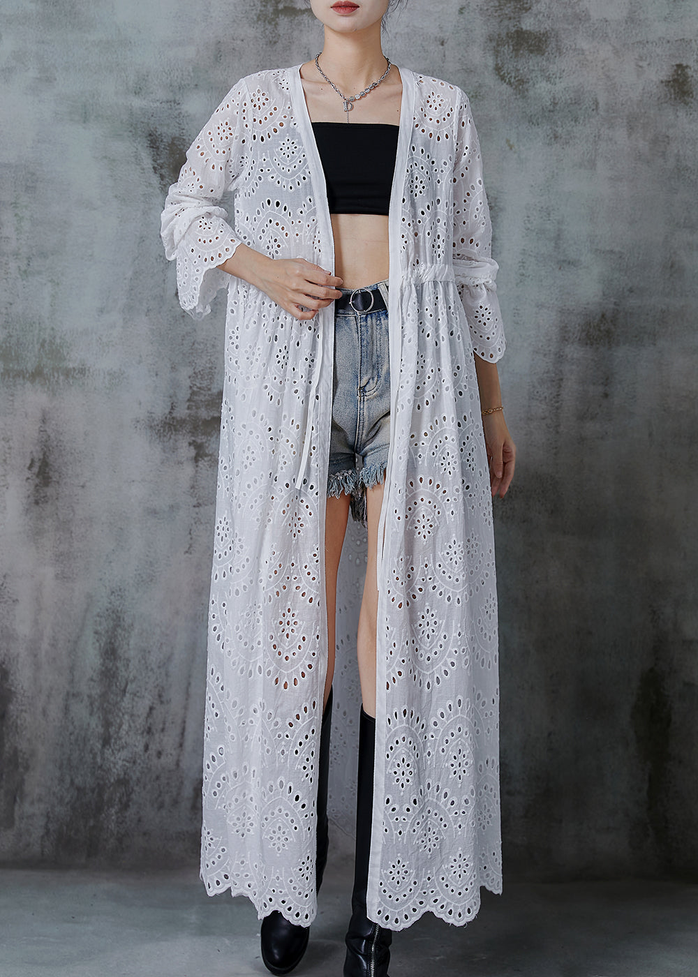 White Cinched Hollow Out Cotton Long Cardigans Spring