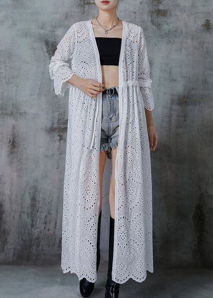 White Cinched Hollow Out Cotton Long Cardigans Spring