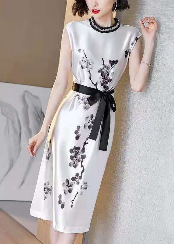 White Cinched Ink Print Silk Dresses Sleeveless