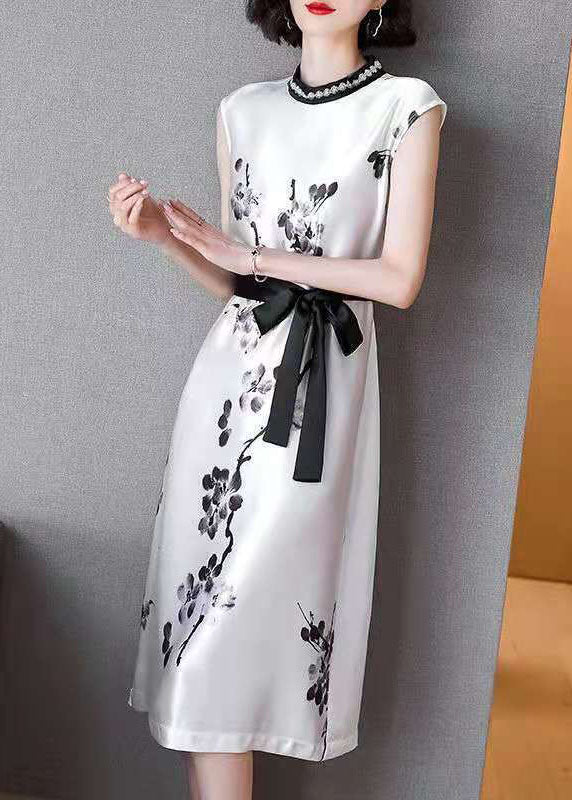 White Cinched Ink Print Silk Dresses Sleeveless