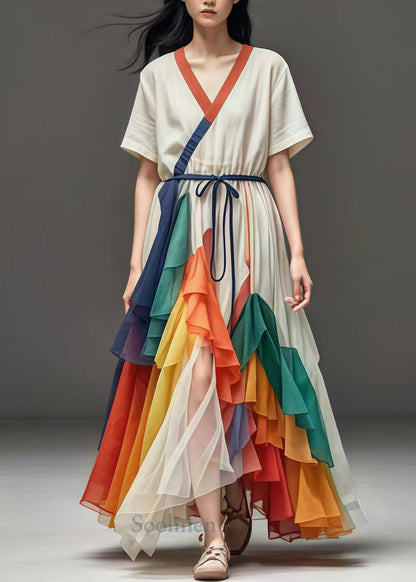 White Cinched Patchwork Tulle Maxi Dresses Summer